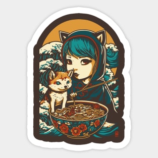 Girl with a Shiba Inu dog friend eats and loves ramen Sticker